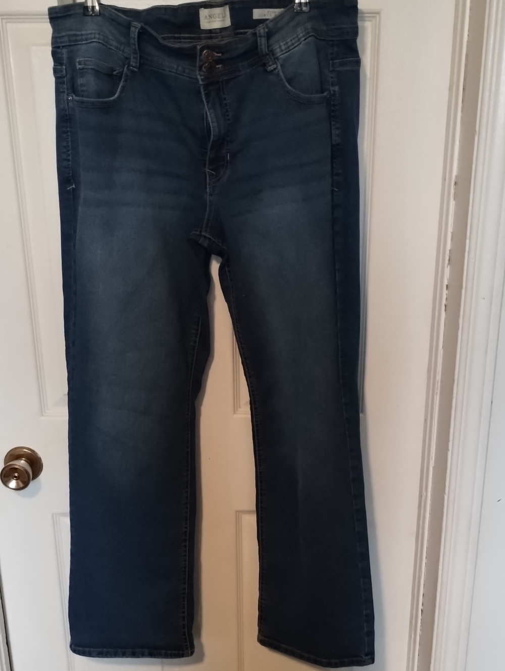 Angels Women's Blue Curvy Bootcut Jeans with Light Fade. Size 16/33